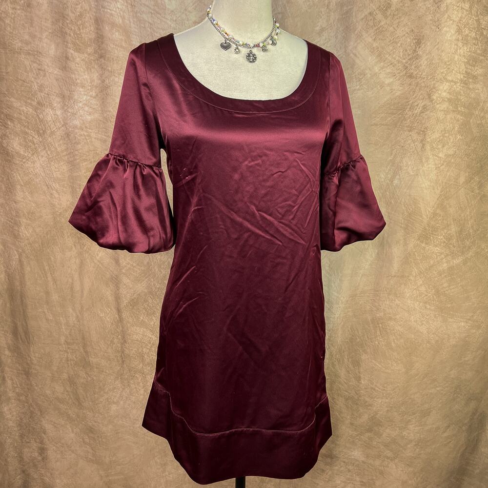 Vintage Y2K Satin Mini Dress Short Bell Sleeve Maroon Round Neck Mod Grunge Euro